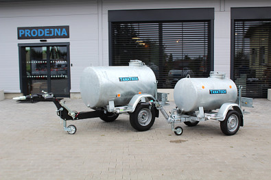 Přívěs ECIM cisternový 1000l 1300kg a 500l 750kg, výškově stavitelná oje