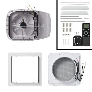 PLUS FAN – Automatický střešní ventilátor 400×400 mm pro obytné vozy a karavany s LED osvětlením a zatemňovací roletou, průhledný , kompletní dodávka dílů a spojovacího materiálu