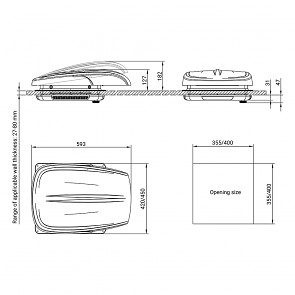 PLUS FAN – Automatický střešní ventilátor 400×400 mm pro obytné vozy a karavany s LED osvětlením a zatemňovací roletou, průhledný výkres rozměrů