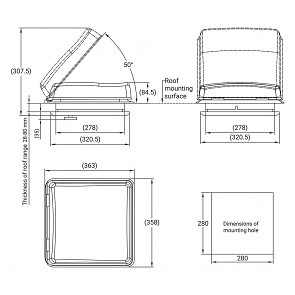 Střešní okno 280x280 mm bez permanentního větrání bílé s ventilátorem výkres